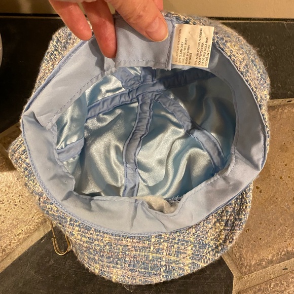 Y2K Tweed Bouclé Cadet Cap w/ Safety Pin Accent in Light Blue - Picture 4 of 6